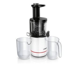 Сокоизстисквачка за плодове тип охлюв Bosch MESM500W, 150W, 55 об/мин, 2 филтъра, Tritan, Реверсивна функция, DripStop, Бял