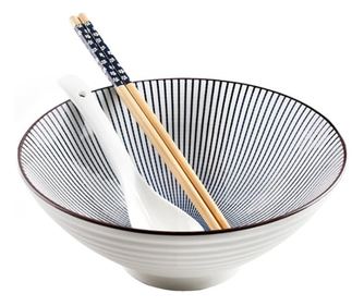 Ibili Ramen tálalókészlet, 3 db, porcelán/bambusz, 21x8,5cm. 1,15 l, fehér/fekete