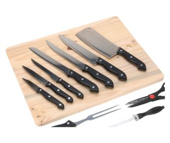 Excellent Houseware Késkészlet Vágódeszkával, Rozsdamentes Acél/Polipropilén, Fekete/Ezüst