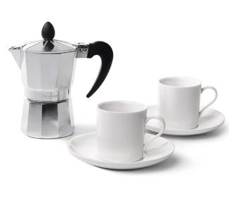 Сервиз за еспресо и две чаши за сервиране Fissman, алуминий/порцелан, сребристо/бяло