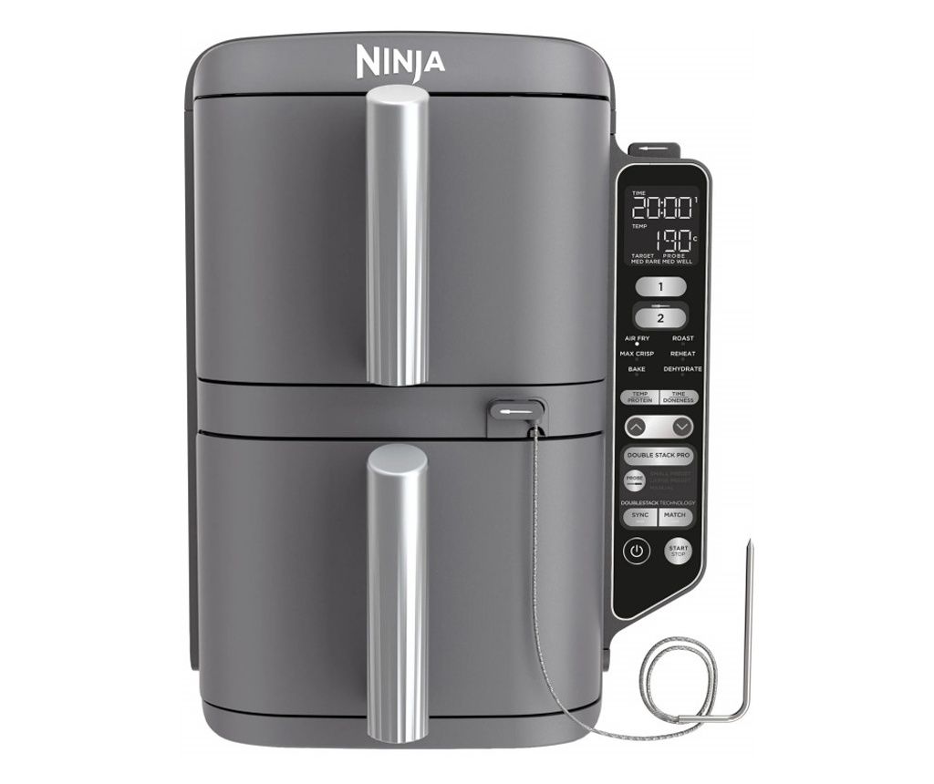 Ninja SL451EU Double Air Fryer, 2470W, 9.5 L, Digital Thermometer, 2 Baskets, 6 Programs, Max Crisp, Sync & Match, Silver