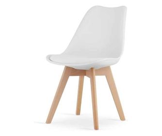 Стол Mercaton MRK, скандинавски стил, с крака от букова дървесина, седалка от PP и възглавница от еко кожа, 49 x 43 x 82 см, бял