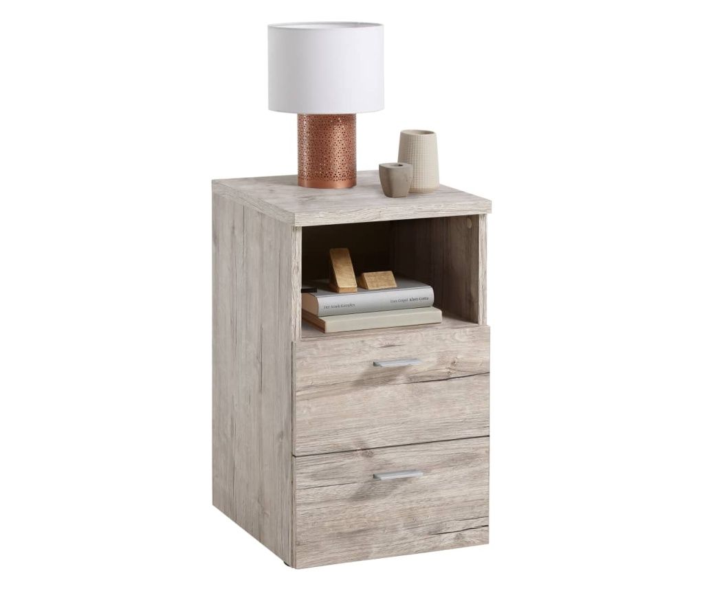 FMD Bedside Table with 2 Drawers and Open Shelf, Sand Oak