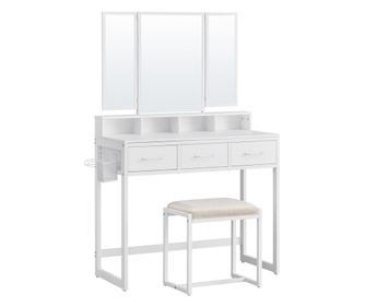 Fésülködőasztal, Mercaton, fehér, 3 tükörrel, székkel, 3 fiókkal, 90x40x141 cm