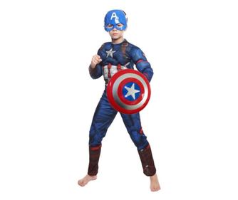 Set costum clasic cu muschi Captain America si scut cu sunete si lumini pentru baiat 120 - 130 cm 5-7 ani