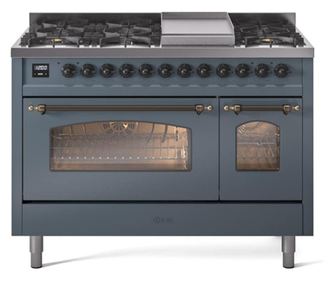 Aragaz, ILVE, Nostalgie, 120 cm, 6 arzatoare, Fry Top, 2 cuptoare electrice, blue gray/burnished