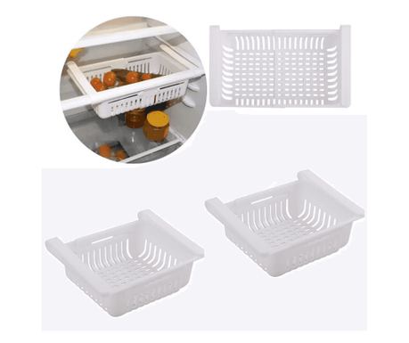 Organizator frigider sau raft Extensibil Koken, plastic, 28x15.5x6 cm, Alb - Set 2 Organizatoare