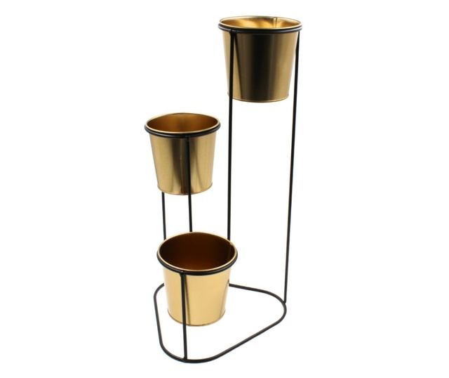 Suport pentru flori din metal auriu, 3 ghivece, 24x22x47 cm