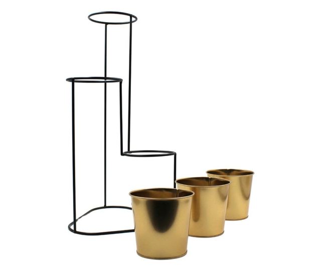 Suport pentru flori din metal auriu, 3 ghivece, 24x22x47 cm