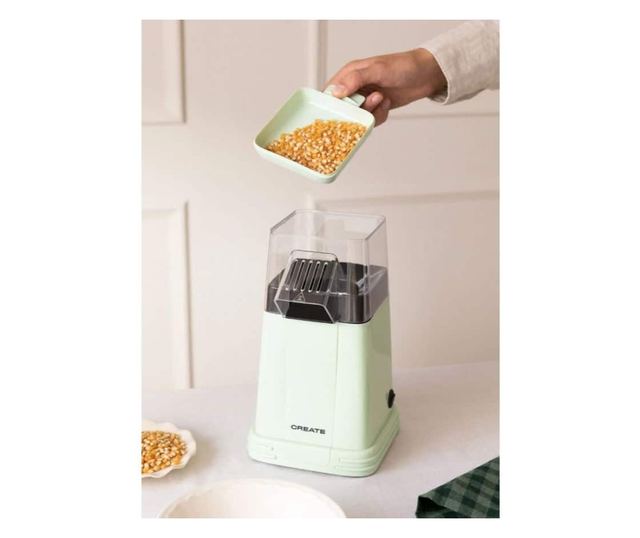 Popcorn gép Retro CREATE, kapacitása 80 g, mindössze 3 perc alatt kész, könnyen használható, 1200 W, adagolókanál, kicsi és komp