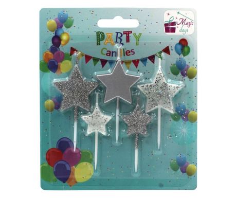 Set 5 lumânări party steluțe argintii
