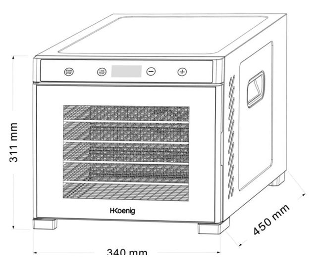 H.Koenig szárító, DSY900, 650W, hőmérséklet 35-70C, légkeverés, érintőképernyő, LED képernyő, 24 órás időzítő, 6 mobil és cserél