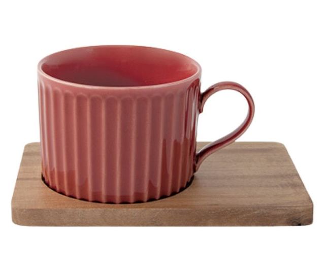 Set de cești din porțelan cu farfurii din lemn de acacia, roșu/gri (2 x 250ml)