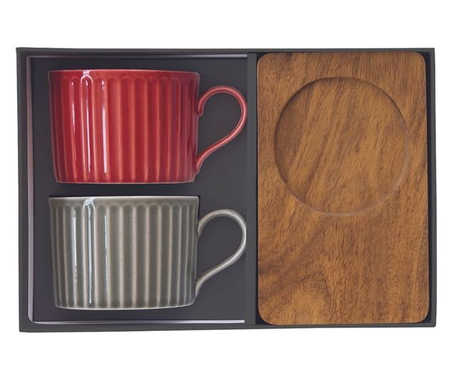 Set de cești din porțelan cu farfurii din lemn de acacia, roșu/gri (2 x 250ml)