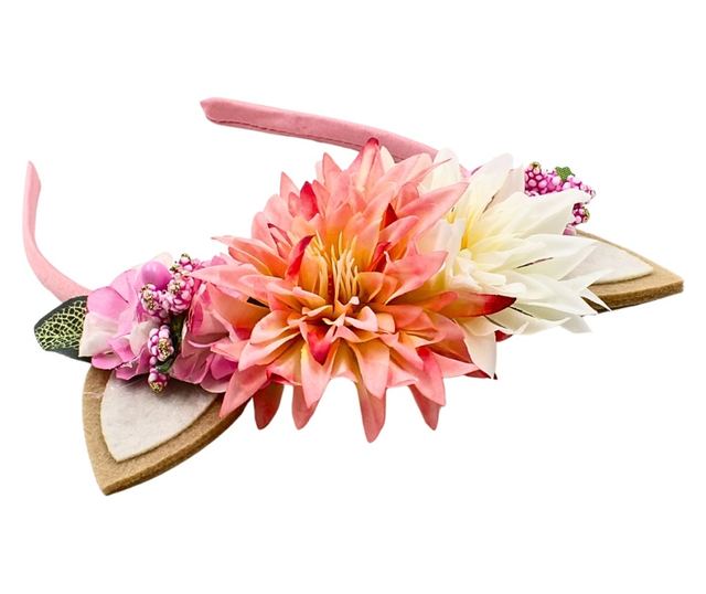 Coroniță păr model urechiușe cu crizanteme roz