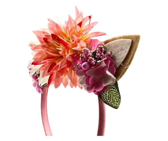 Coroniță păr model urechiușe cu crizanteme roz