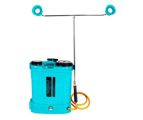 Kerti permetező, permetező pumpa, vermorel, Detoolz, elektromos, hátul, 8 Ah akkuval, tartozékokkal, 12 L