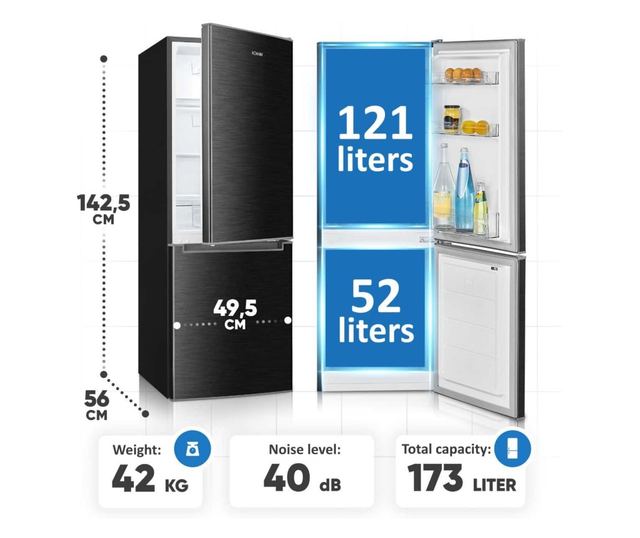 Хладилник Bomann, KG7359GR, H 143 см, общ капацитет 173 литра, фризер 52 литра, аларма за отворена врата, отделение за плодове/з