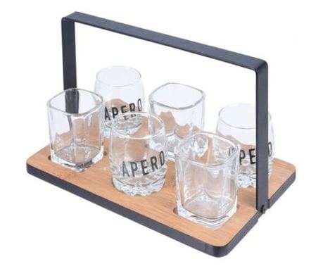 Servire 7 servire Koopman, bambus/sticla/μέταλλο, 22,5x15,2x14,5 cm, negru/maro/διαφανές