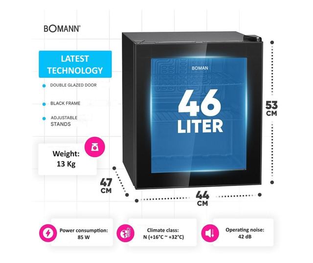 Минибар тип витрина, Bomann, KSG7291N, 46 литра, черен