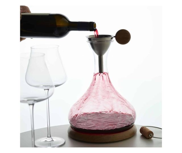 Legnoart boros dekanter ajándékkészlet, Langhe, 4 db, fúvott kristály dekanter, ólommentes, űrtartalom 2,5 L, tölgy prezentációs