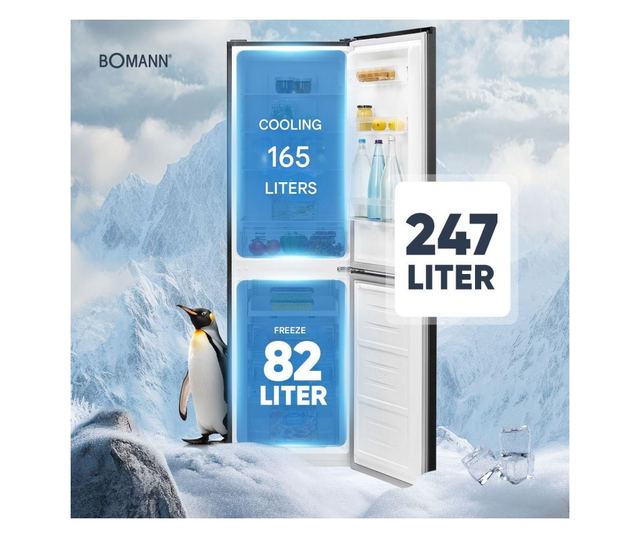 Хладилник Bomann, KG7360N, H 181 см, общ капацитет 247 литра, фризер 82 литра, оптична аларма за отворена врата, отделение за пл