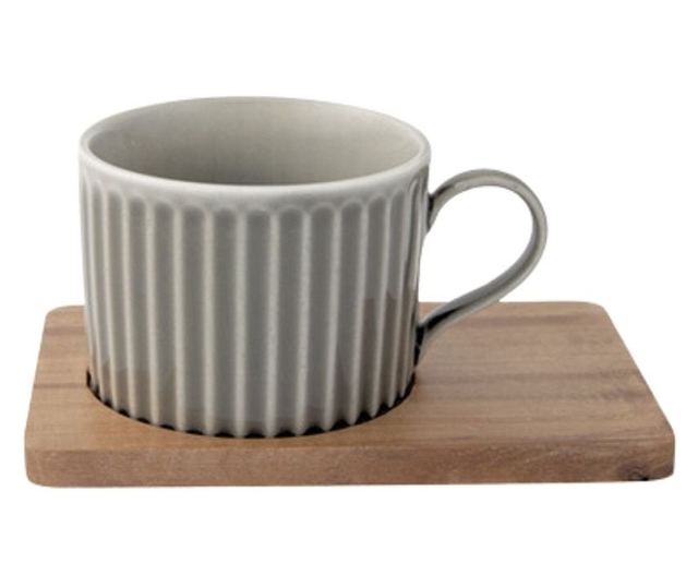 Set de cești din porțelan cu farfurii din lemn de acacia, roșu/gri (2 x 250ml)