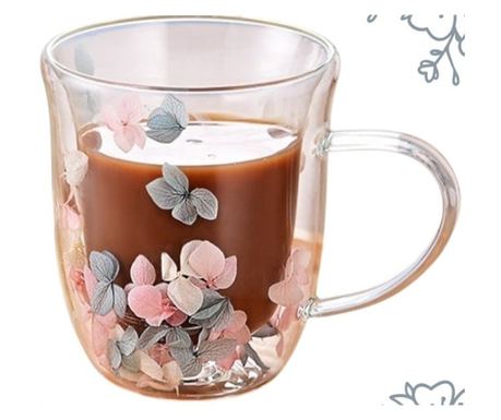 Šalica za suho cvijeće, dvostruke stijenke, borosilikatno staklo, toplinska izolacija, hortenzija, 300 ml