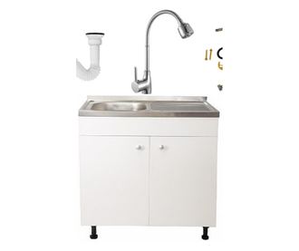 Set Masca Chiuveta Alba  80 cm X 50 cm X 80 cm, Chiuveta inox, Baterie lebada flexibila si Sifon scurgere
