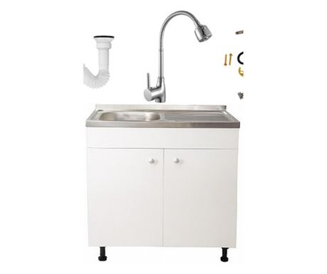 Set Masca Chiuveta Alba  80 cm X 50 cm X 80 cm, Chiuveta inox, Baterie lebada flexibila si Sifon scurgere