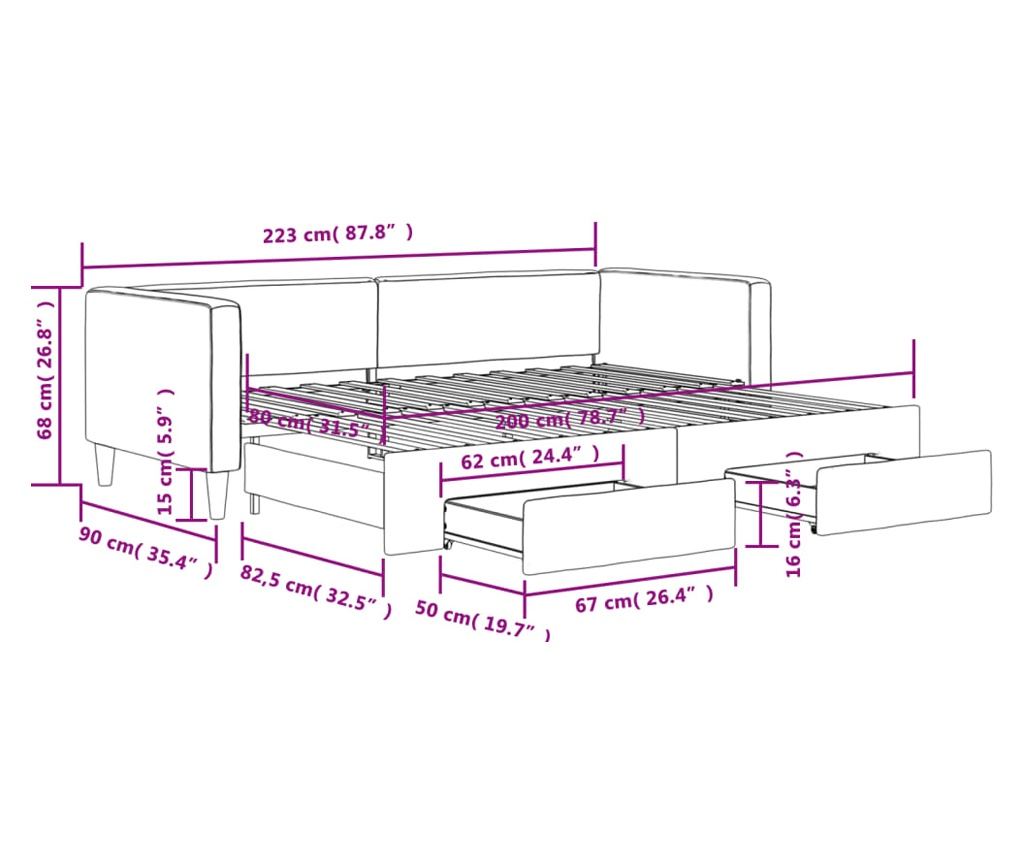 Daybed με επέκταση και συρτάρια, ανοιχτό γκρι, 80x200 εκ. ύφασμα - 12