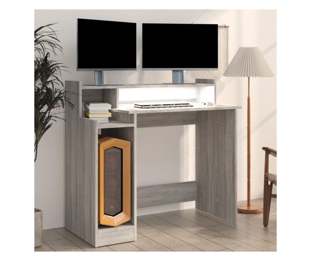 Γραφείο με Φώτα LED, Sonoma Grey, 97x90x45 cm, Επεξεργασμένη Ξυλεία - 6