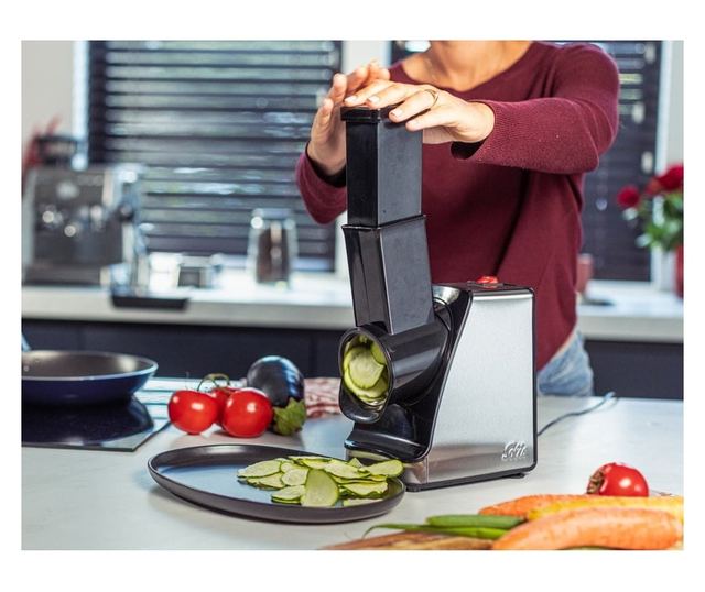 Solis Slice & More Elektromos reszelő, 350 W, 5 különböző penge, többfunkciós, univerzális ételszeletelő és aprító, rozsdamentes