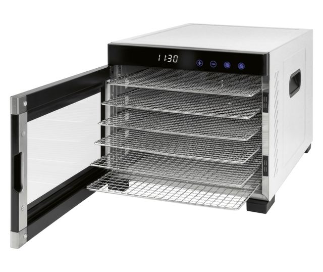 ProfiCook PC-DR 1218 Élelmiszer szárító, 6 rozsdamentes tálca, hőmérséklet 35-75 C, LED kijelző, termosztát, rozsdamentes/fekete