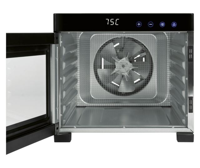 ProfiCook PC-DR 1218 Élelmiszer szárító, 6 rozsdamentes tálca, hőmérséklet 35-75 C, LED kijelző, termosztát, rozsdamentes/fekete
