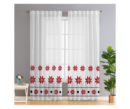 Set perdea in cu broderie motiv rustic negru și roșu și rejansă transparentă cu ate pentru galerie, Eleonora, 250x270 cm, Alb, 2
