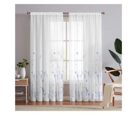 Perdea in model imprimat lavanda si fluturi cu rejansa din bumbac tip fagure, Vedrana, 1000x230 cm, Alb