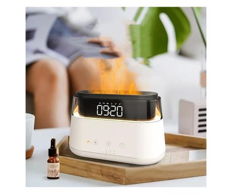 ALQUALITY® Prémium Aroma Diffúzor Lánghatással és Kettős Aromagőzöléssel |Aromaflame - Modern Óra Ébresztő Funkcióval | Állíthat