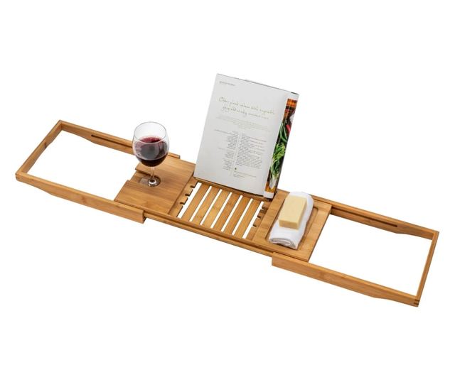 Тава за баня, CYBERDUST, Премиум, Разтеглива, Регулируема, Вградена поставка за книга, Телефон, Таблет, Свещ, Сапун, Кърпа, Чаша