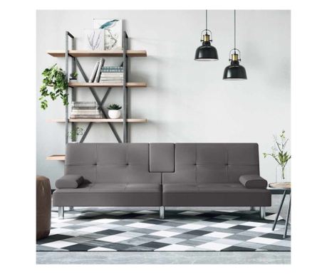 Rozkládací pohovka s držáky na sklenice, šedá, ekologická kůže