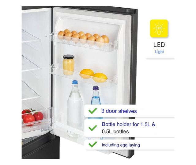 Хладилник Bomann, KG320.2N, H 143 см, капацитет 175 л, фризер 4 звезди 53 литра, 3 рафта от безопасно стъкло, 3 рафта на вратата