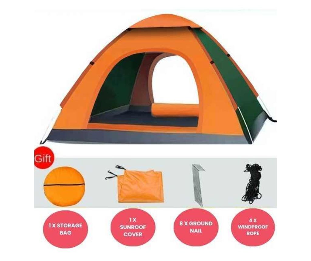 Комплект Mercaton, Автоматична палатка за 3-4 души 200x200x135 см, Водоустойчива, UV защита, Оранжева и Хамак с дървена опора, П - 2