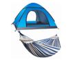 Комплект Mercaton, Автоматична палатка 3-4 души 200x200x135 см, Водоустойчива, UV защита, Синя и Хамак с дървена опора, Незаплит thumbnail 1