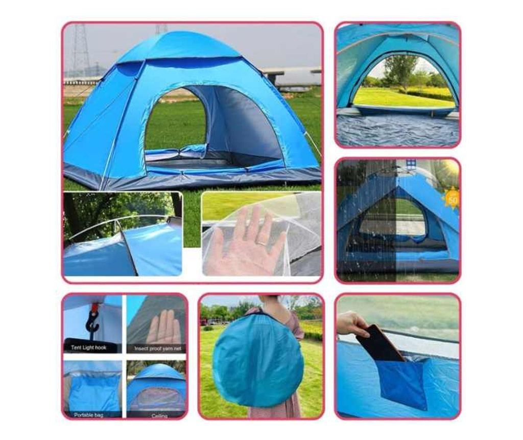 Комплект Mercaton, Автоматична палатка 3-4 души 200x200x135 см, Водоустойчива, UV защита, Синя и Хамак с дървена опора, Незаплит - 6