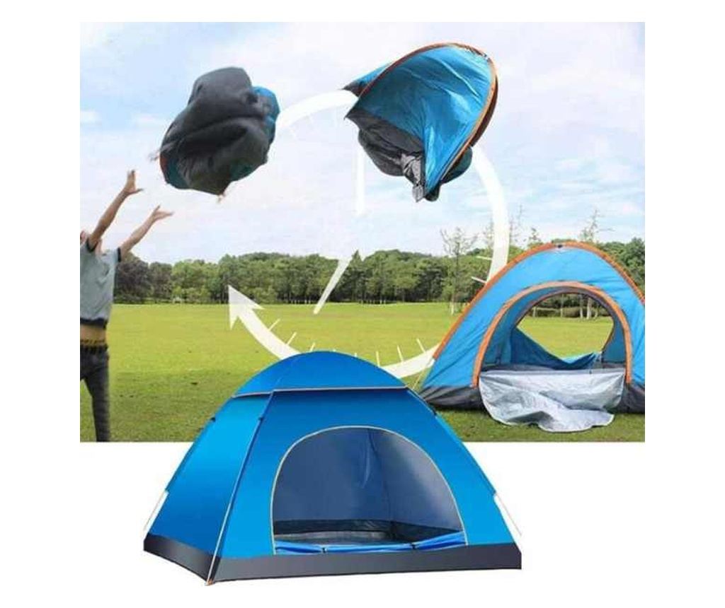Комплект Mercaton, Автоматична палатка 3-4 души 200x200x135 см, Водоустойчива, UV защита, Синя и Хамак с дървена опора, Незаплит - 8