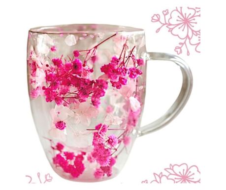 Rózsaszín Gypsophila szárított virágos bögre, dupla falú, boroszilikát üveg, 300 ml, SZK149