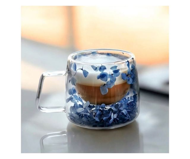 Cană cu hortensii albastre, pereți dubli, sticlă borosilicată, 180 ml, SZK154