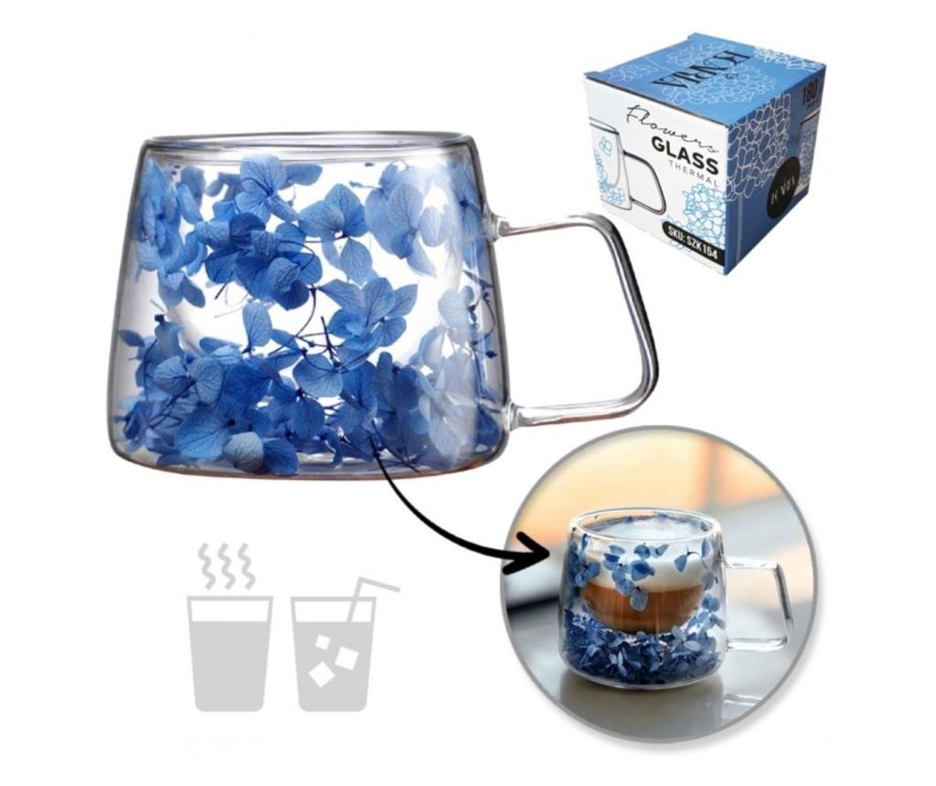 Vrček z modrimi hortenzijami, dvojna stena, borosilikatno steklo, 180 ml, SZK154 - 4