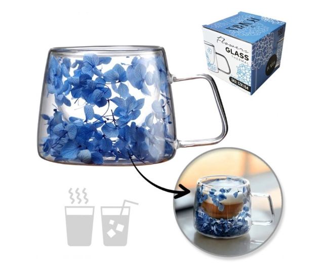 Cană cu hortensii albastre, pereți dubli, sticlă borosilicată, 180 ml, SZK154