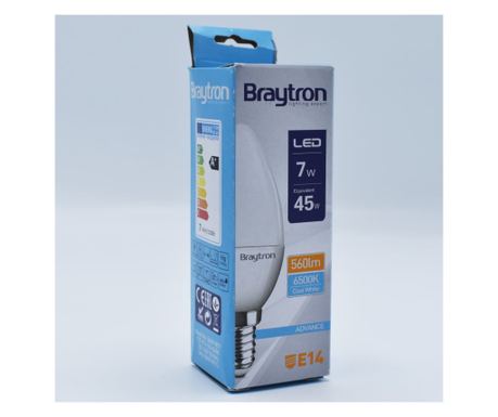Bec led lumânare 7W (45W), E14, C37, 460lm, lumina rece (6500K), opal, Braytron